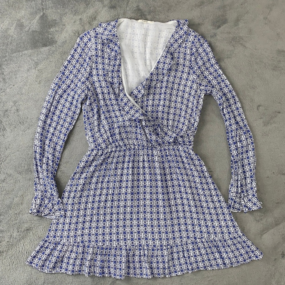 Tularosa Mini Dress Womens S Charleston Blue White Geometric Ruffle Long Sleeve